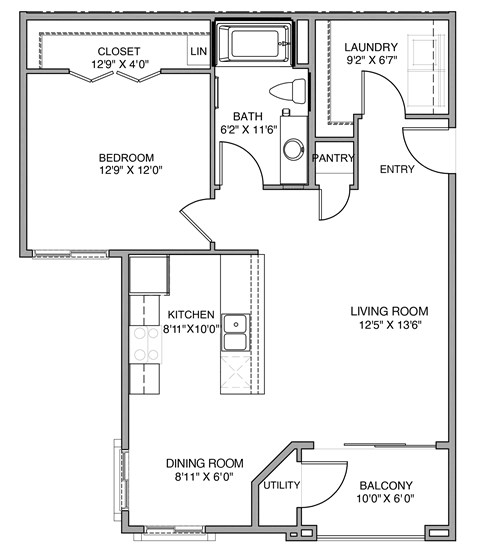 Floor plan for 1 bed, 1 bath, 863 sqft